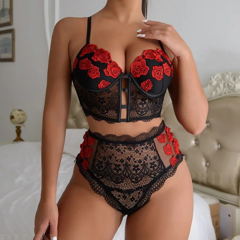 Floral Mesh Lace See-Through Lingerie Set