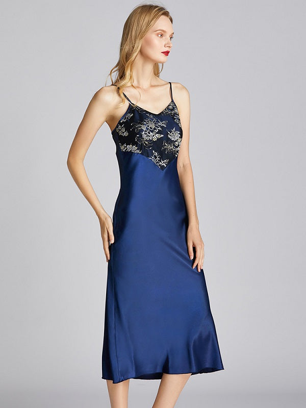Floral Printed Backless Satin Nightgown