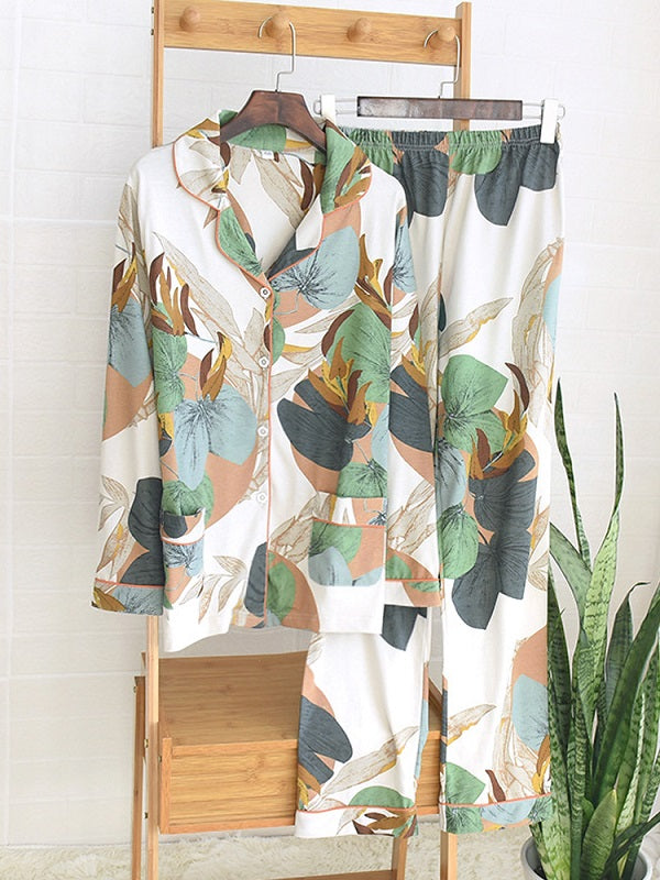 Floral Printed Cotton Long Sleeve Button Down Casual Pajamas
