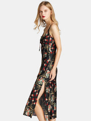 Floral Printed V-Neck Backless Nightgown