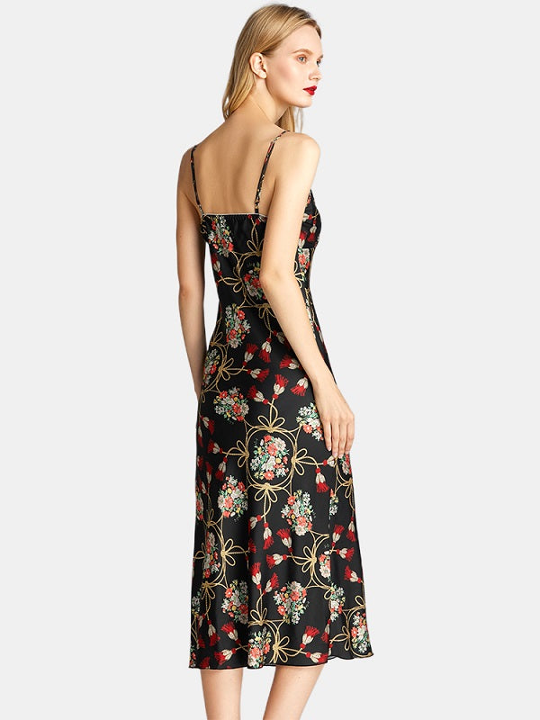 Floral Printed V-Neck Backless Nightgown