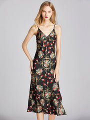 Floral Printed V-Neck Backless Nightgown