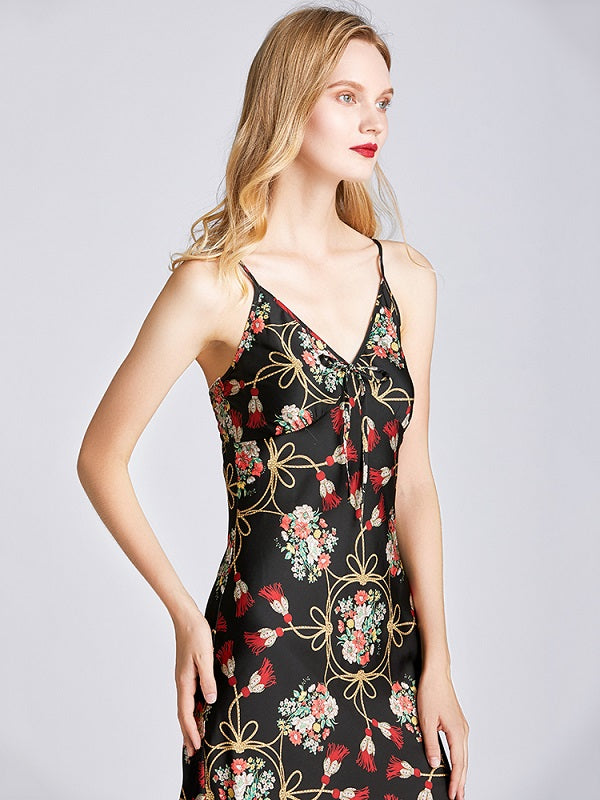 Floral Printed V-Neck Backless Nightgown