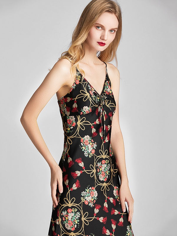 Floral Printed V-Neck Backless Nightgown