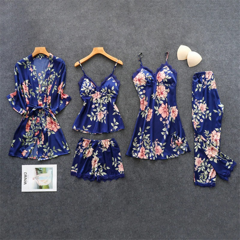 Floral Printing Silk Sleepwear 5 Pieces
