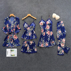 Floral Printing Silk Sleepwear 5 Pieces