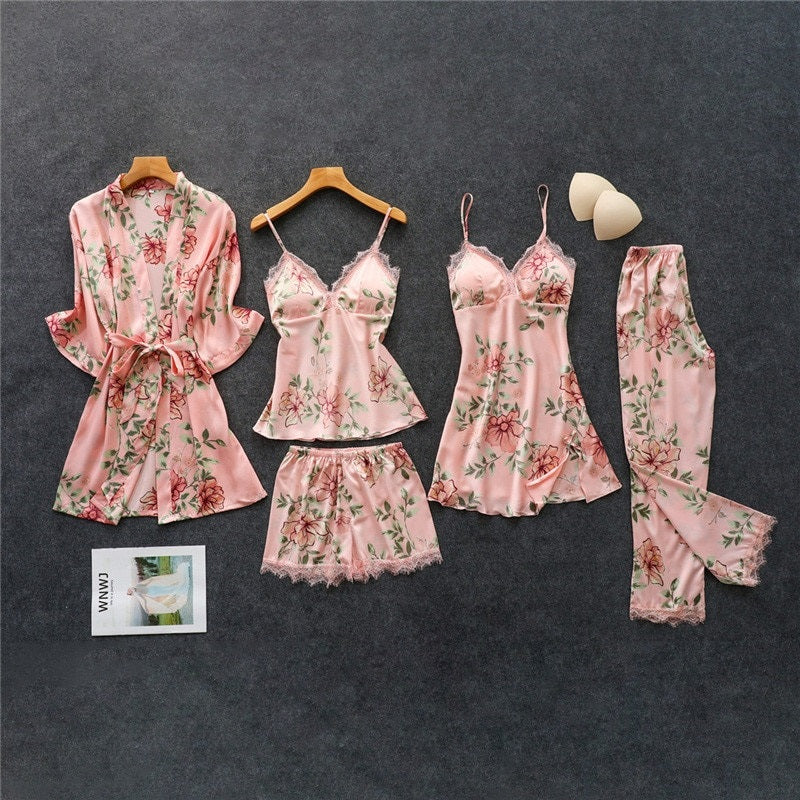 Floral Printing Silk Sleepwear 5 Pieces