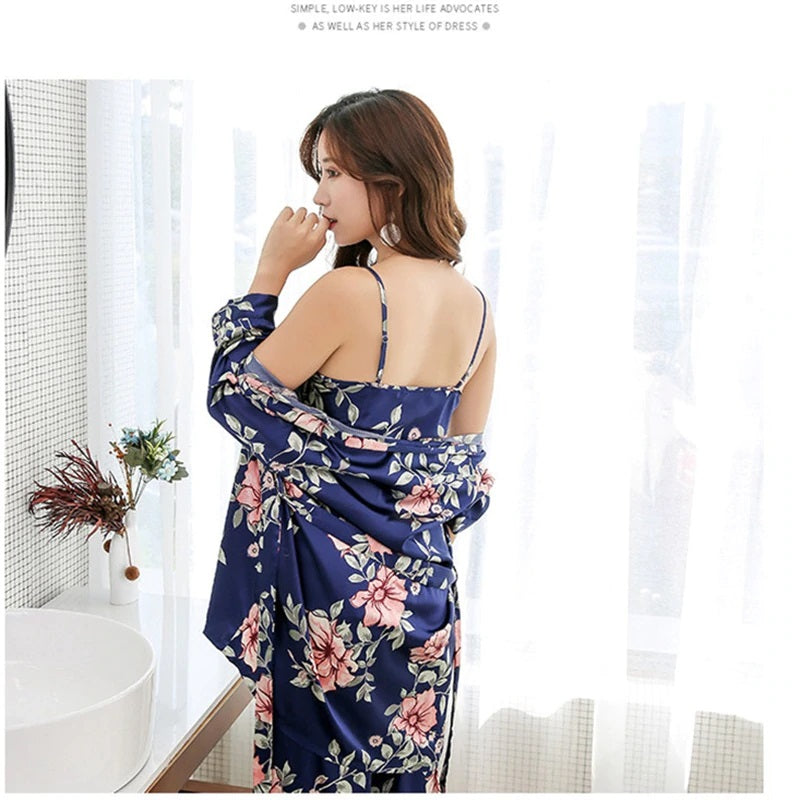 Floral Printing Silk Sleepwear 5 Pieces