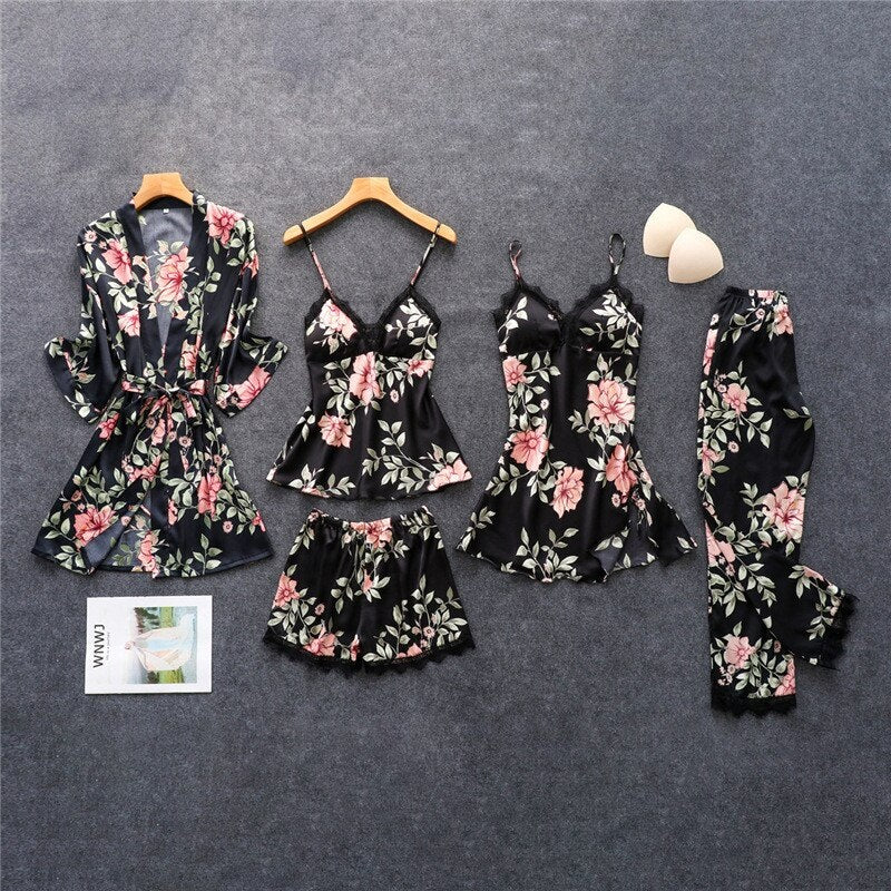 Floral Printing Silk Sleepwear 5 Pieces