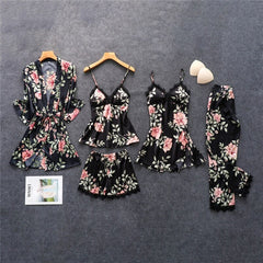 Floral Printing Silk Sleepwear 5 Pieces