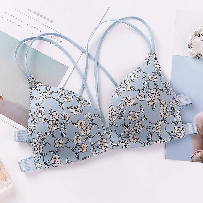 Flower Printed Front Buckle Wireless Bralette Lingerie Comfort Push Up Floral Bras