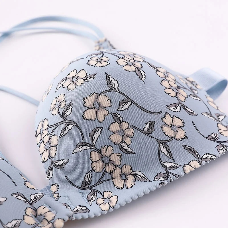 Flower Printed Front Buckle Wireless Bralette Lingerie Comfort Push Up Floral Bras