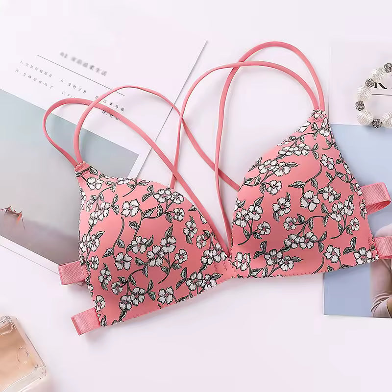 Flower Printed Front Buckle Wireless Bralette Lingerie Comfort Push Up Floral Bras