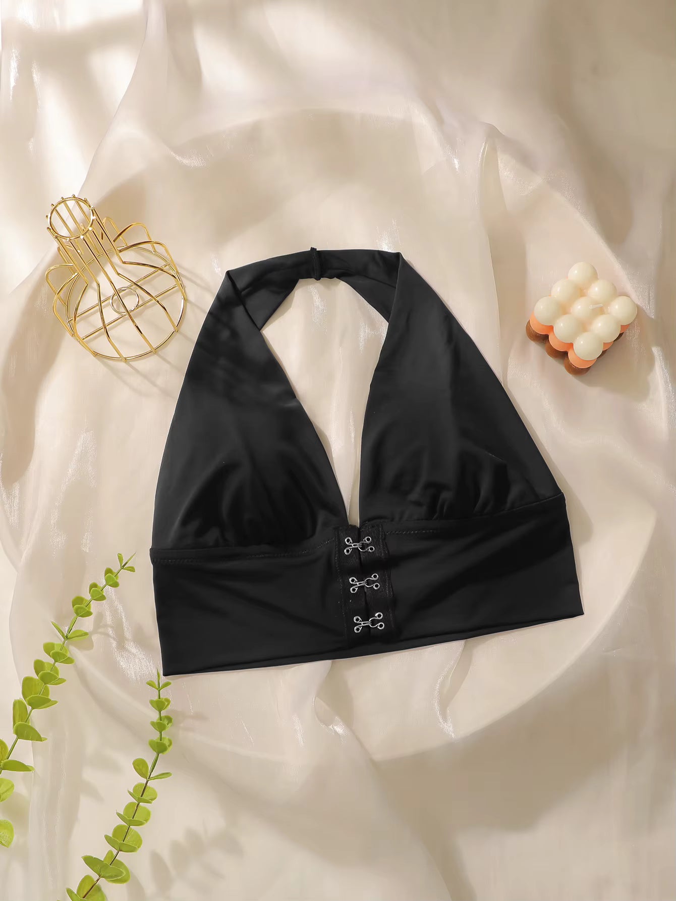 Front Closure Deep V Wireless Push Up Lingerie Halter Brassiere No Steel Ring Bra