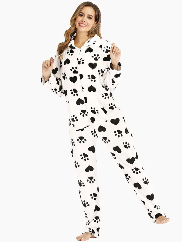 Front Zipper Hoodie Long Sleeve Flannel Print Pajamas