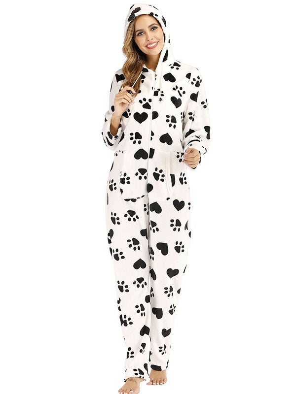 Front Zipper Hoodie Long Sleeve Flannel Print Pajamas