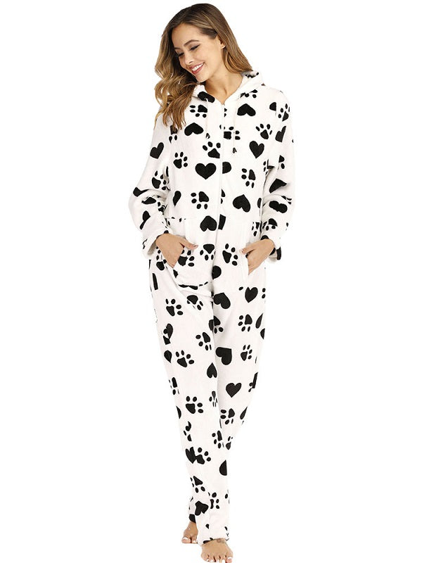 Front Zipper Hoodie Long Sleeve Flannel Print Pajamas