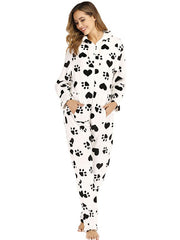 Front Zipper Hoodie Long Sleeve Flannel Print Pajamas
