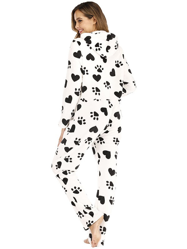 Front Zipper Hoodie Long Sleeve Flannel Print Pajamas