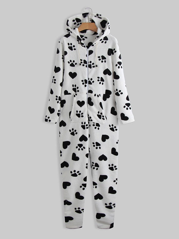 Front Zipper Hoodie Long Sleeve Flannel Print Pajamas