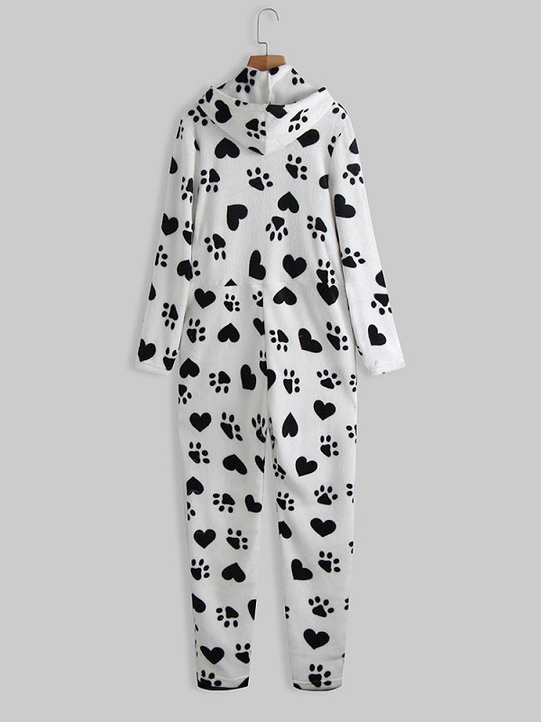 Front Zipper Hoodie Long Sleeve Flannel Print Pajamas