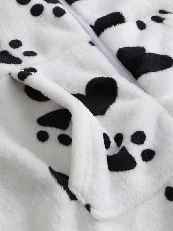 Front Zipper Hoodie Long Sleeve Flannel Print Pajamas