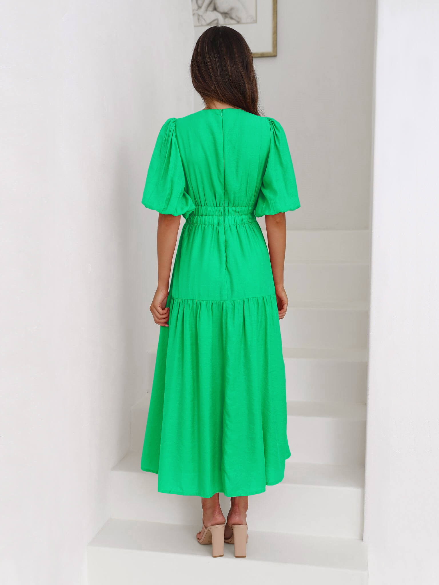 Kimona Smocked Short Sleeve Maxi Dress - Green