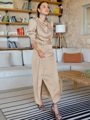 Ximena Satin Long Sleeve Midi Dress - Champagne