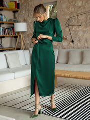 Ximena Satin Long Sleeve Midi Dress - Emerald