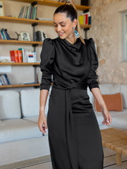 Ximena Satin Long Sleeve Midi Dress - Black