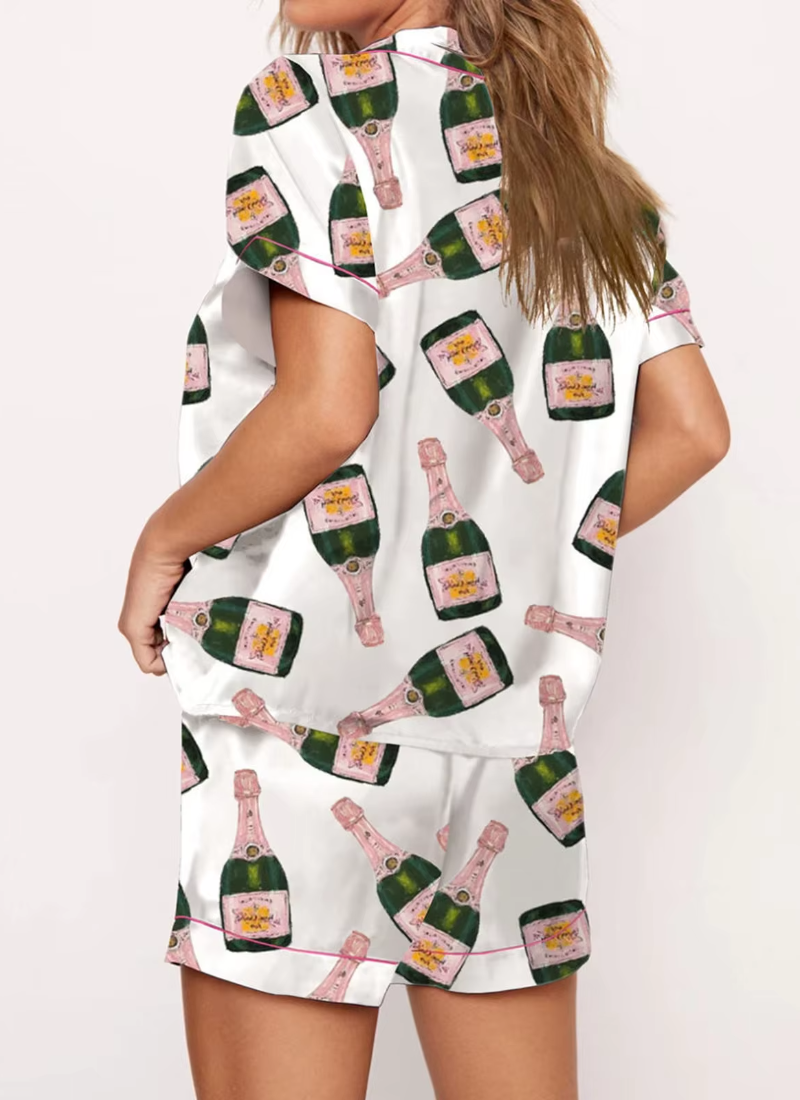 Graphic Print 2 Piece Satin Short Silk Matching Outfits Lounge Pajamas Set