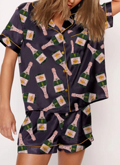Graphic Print 2 Piece Satin Short Silk Matching Outfits Lounge Pajamas Set