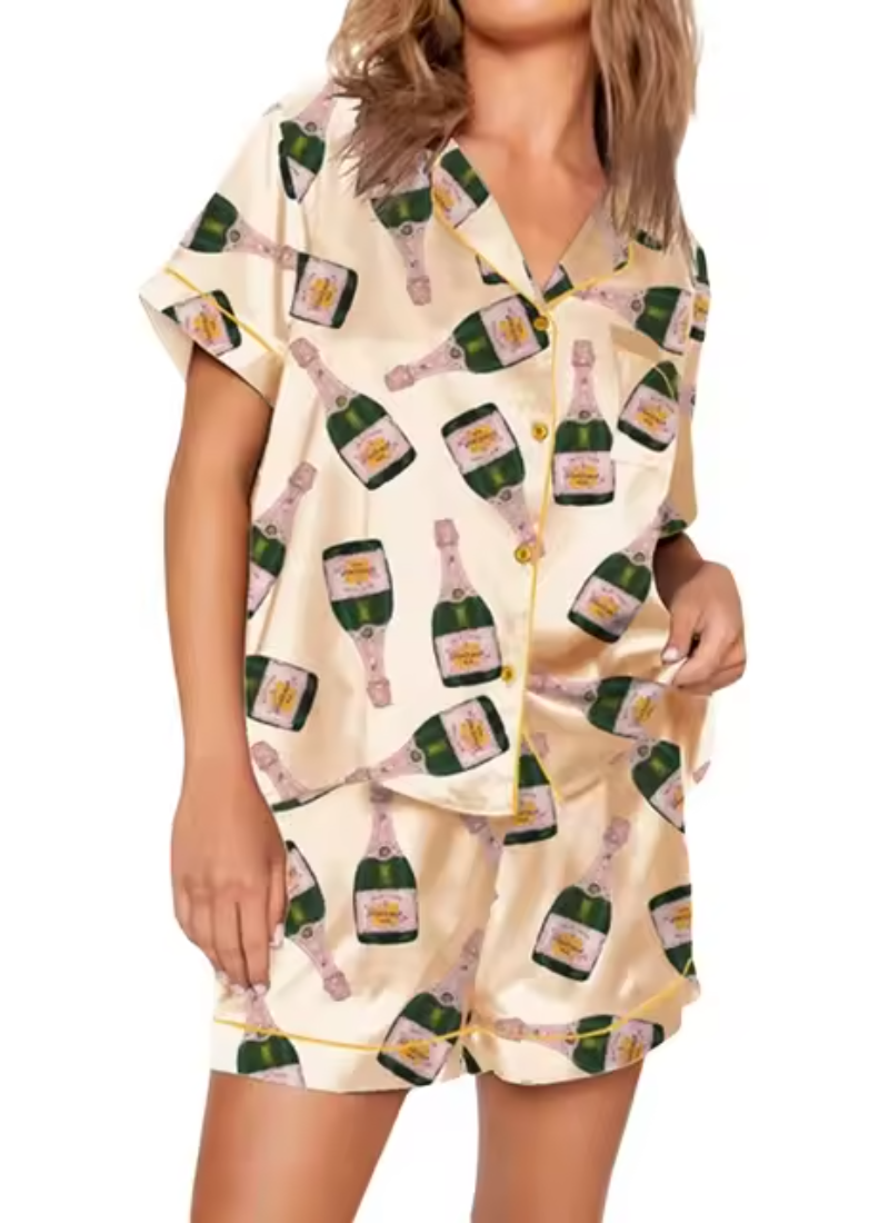 Graphic Print 2 Piece Satin Short Silk Matching Outfits Lounge Pajamas Set