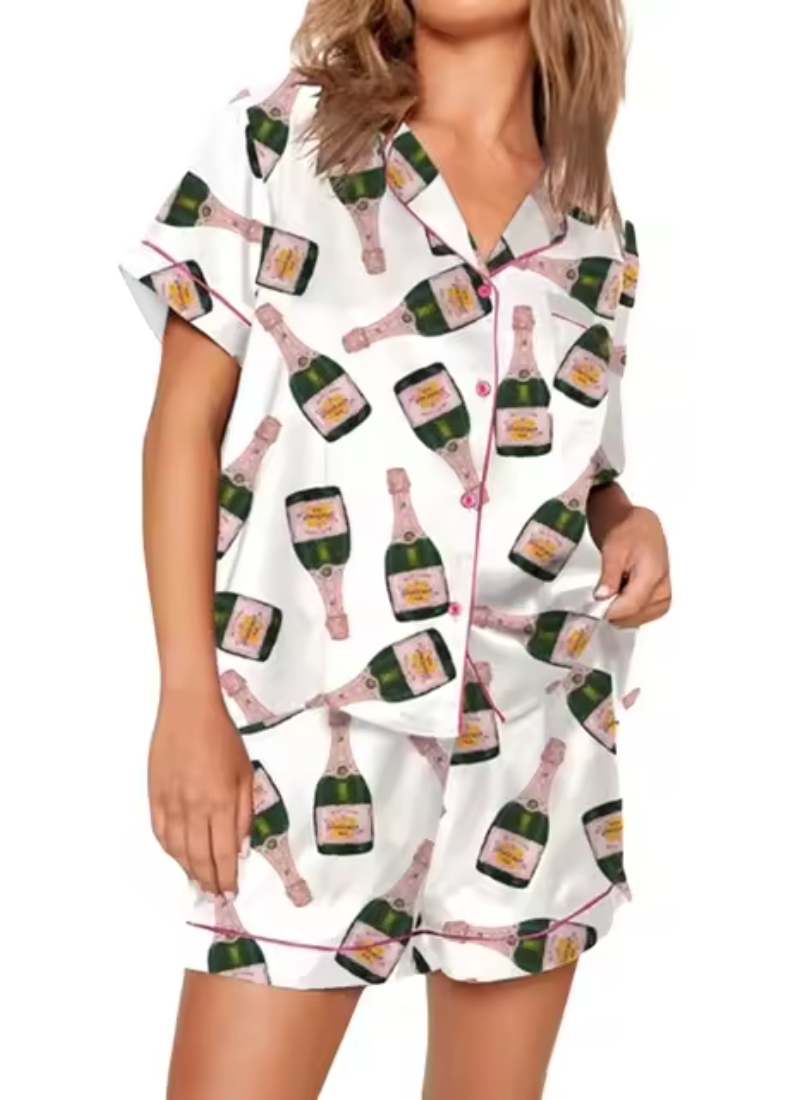 Graphic Print 2 Piece Satin Short Silk Matching Outfits Lounge Pajamas Set