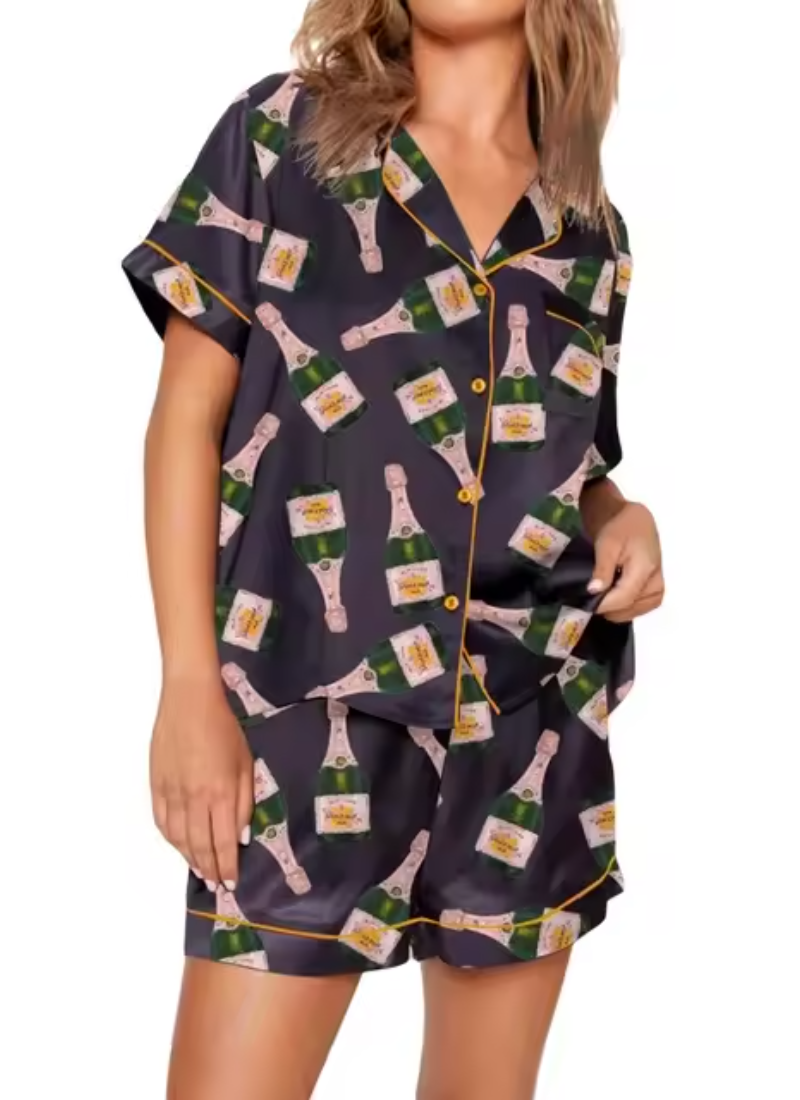 Graphic Print 2 Piece Satin Short Silk Matching Outfits Lounge Pajamas Set