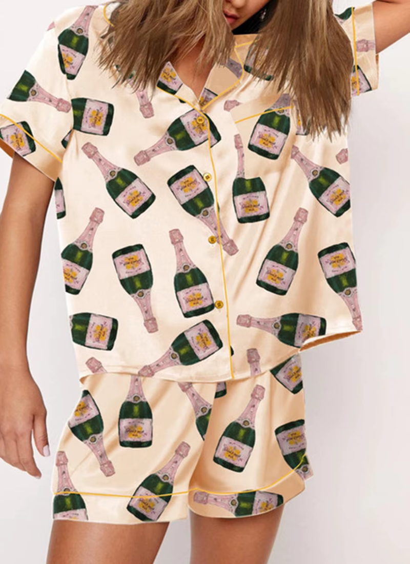Graphic Print 2 Piece Satin Short Silk Matching Outfits Lounge Pajamas Set