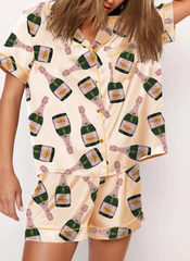 Graphic Print 2 Piece Satin Short Silk Matching Outfits Lounge Pajamas Set