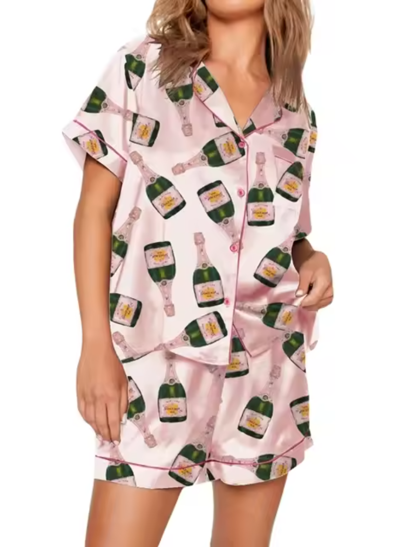 Graphic Print 2 Piece Satin Short Silk Matching Outfits Lounge Pajamas Set