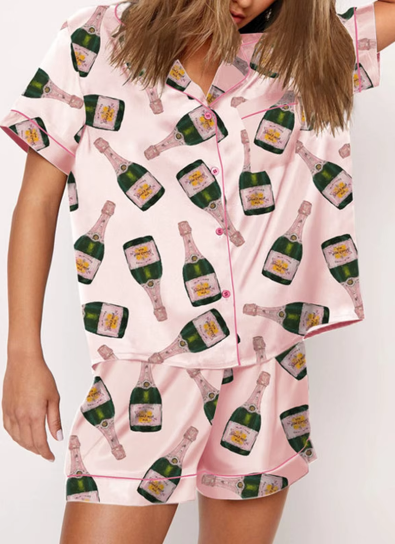 Graphic Print 2 Piece Satin Short Silk Matching Outfits Lounge Pajamas Set