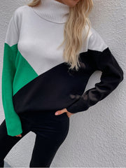 DULCIE Green Color Block Turtleneck Knit Sweater