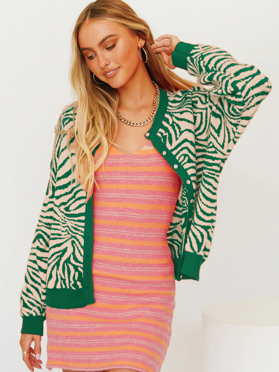 Tiger Year Animal Patterned Knit Cardigan - Green