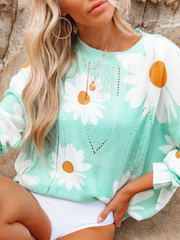 Perforated Sunflower Patterned Knit Top - Green