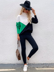 DULCIE Green Color Block Turtleneck Knit Sweater