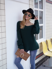 MACHE Low V-Neck Oversize Sleeve Knit Top - Green