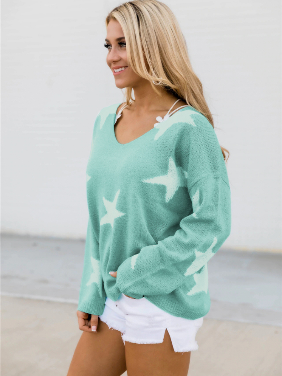 Star Gal Low V Neck Knit Jumper - Green