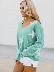 Star Gal Low V Neck Knit Jumper - Green