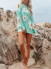 Perforated Sunflower Patterned Knit Top - Green