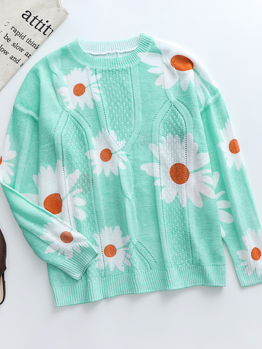 Perforated Sunflower Patterned Knit Top - Green