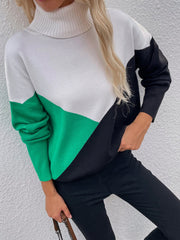 DULCIE Green Color Block Turtleneck Knit Sweater