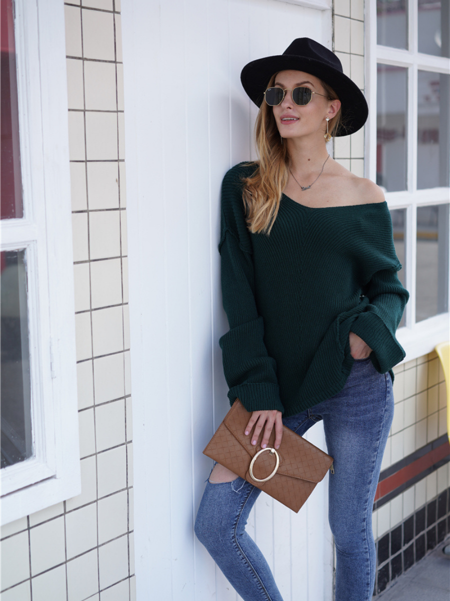 MACHE Low V-Neck Oversize Sleeve Knit Top - Green